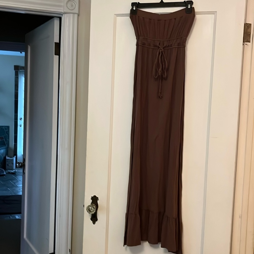 Brown strapless midi dress.